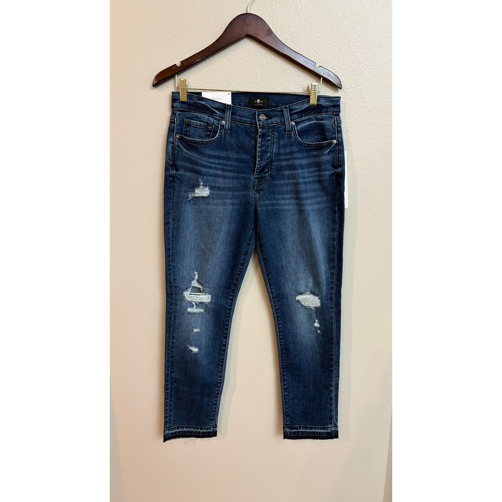 7 For All Mankind Josefina‎ Boyfriend Jeans 28 Distressed Blue Denim Button Fly